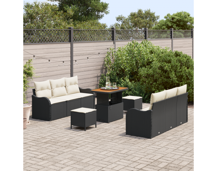 9 Частен Комплект Диван за Градина с Възглавници Черен Полирата Акация