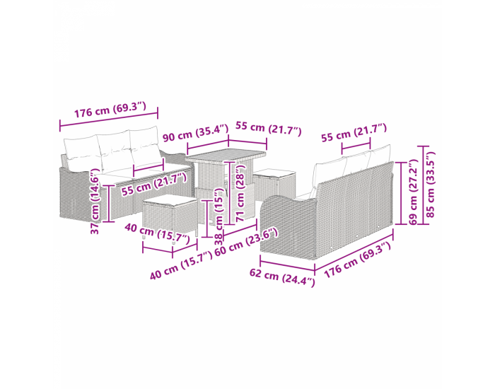 Комплект от 9 части диван за градина Sonata H с възглавници Сив полиестер Акайсия