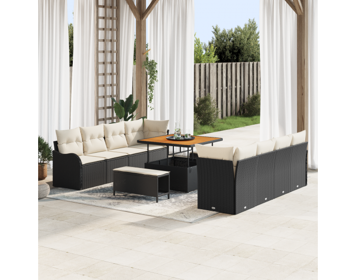 Sonata H 11 Часова градинска мебел с възглавници Черен Полиратан Акация