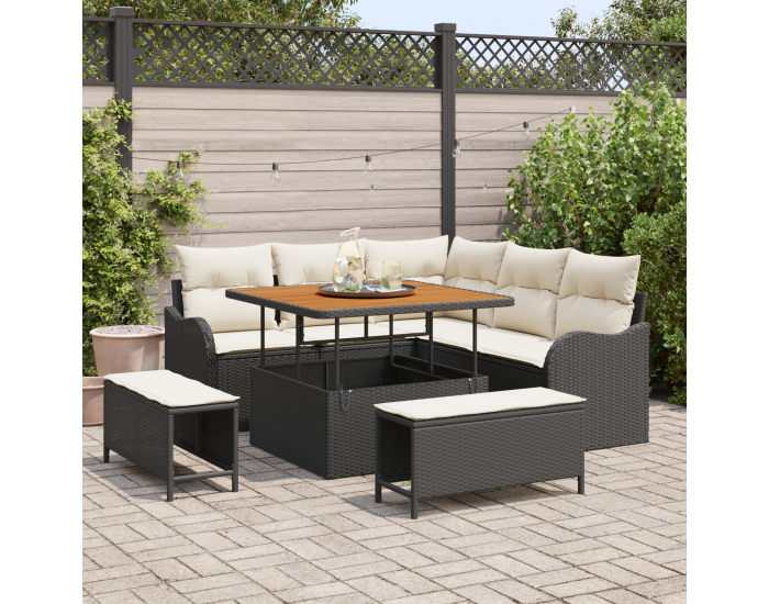 8 частен комплект градинска софа с възглавници Черен Полирата Акация