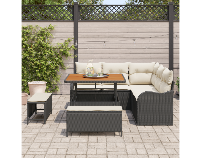 8 частен комплект градинска софа с възглавници Черен Полирата Акация