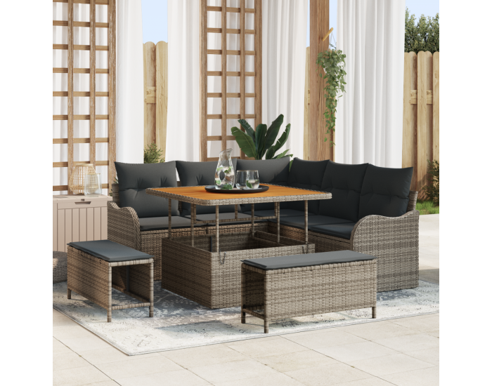 Градински комплект дивани Sonata H от 8 части с възглавници Сив Полиратиран Акация