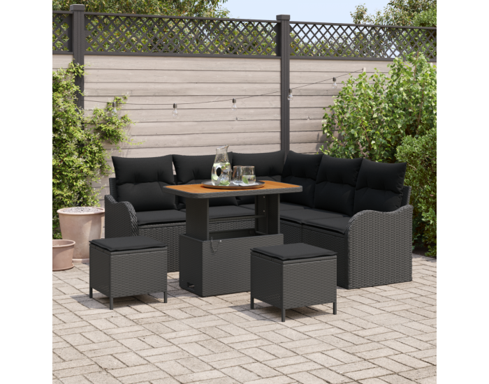 Sonata H комплект от 8 части градински диван с възглавници черен полиратан акация