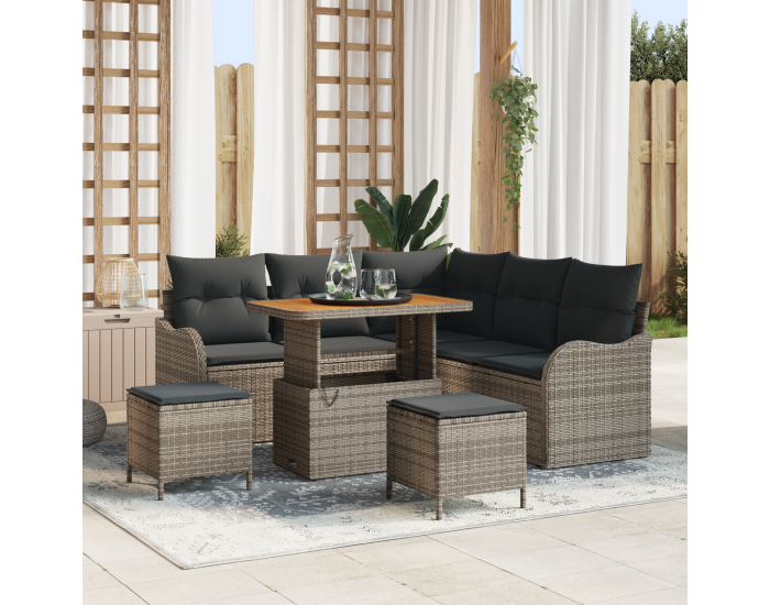 8-частов градински диван комплект с възглавници Сив Полиратан Акация