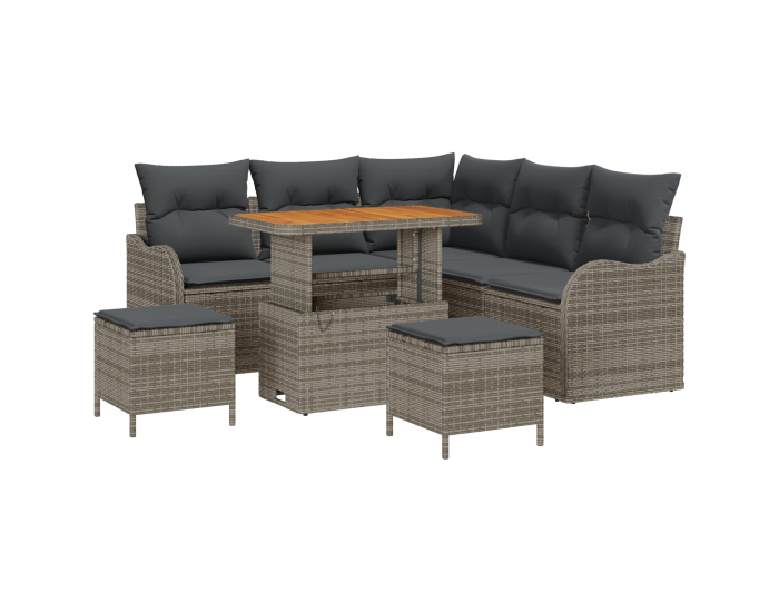 8-частов градински диван комплект с възглавници Сив Полиратан Акация