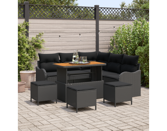 Комплект градински диван от 9 части с възглавници Черен Полиритан Акация