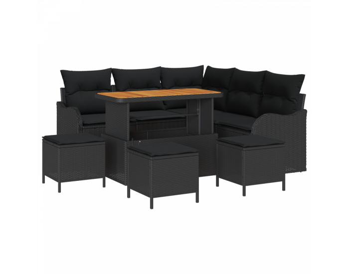 Комплект градински диван от 9 части с възглавници Черен Полиритан Акация