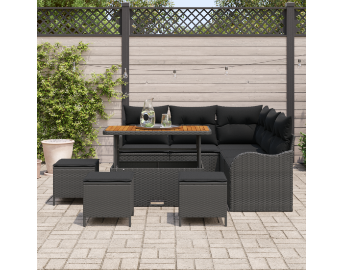 Комплект градински диван от 9 части с възглавници Черен Полиритан Акация