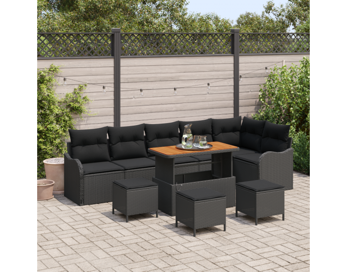 Sonata H 10 Частен градински диван комплект с възглавници Черен полирани ратан Акация