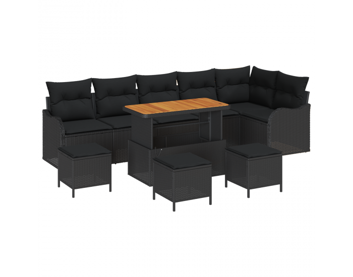 Sonata H 10 Частен градински диван комплект с възглавници Черен полирани ратан Акация