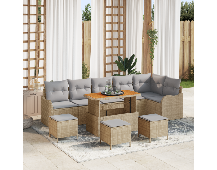 Sonata H 10 части Градински диван комплект с възглавници Бежов Полирани ратан Акация