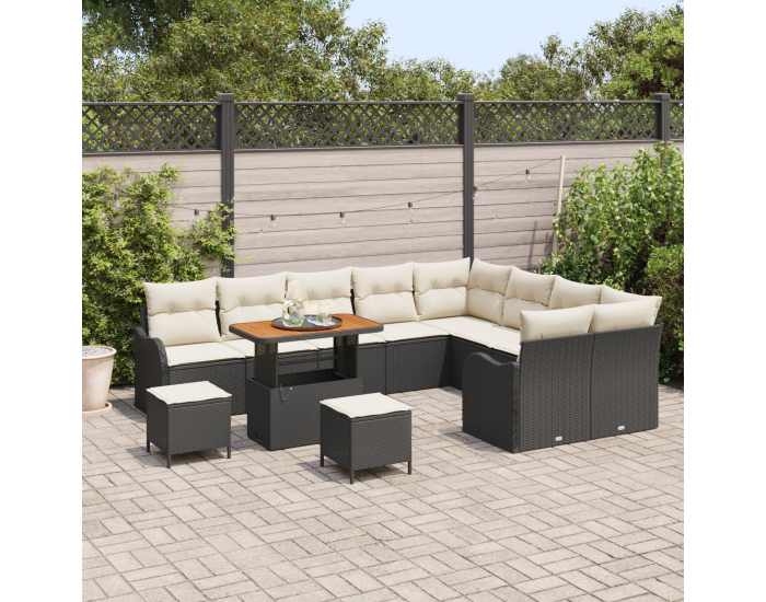 Sonata H 12 Часовен Градински Софа Комплект с Възглавници Черен Полиратан Акация