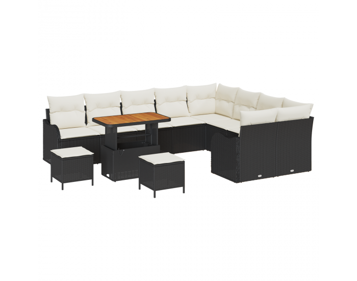 Sonata H 12 Часовен Градински Софа Комплект с Възглавници Черен Полиратан Акация