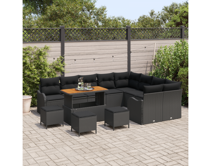 Комплект градински диван Sonata H с 13 части и възглавници черен полиратан акация