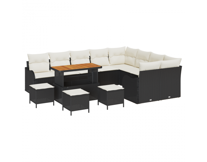 Sonata H 13 Часов Градински Диван Комплект с Възглавници Черен Поли Ратан Акация