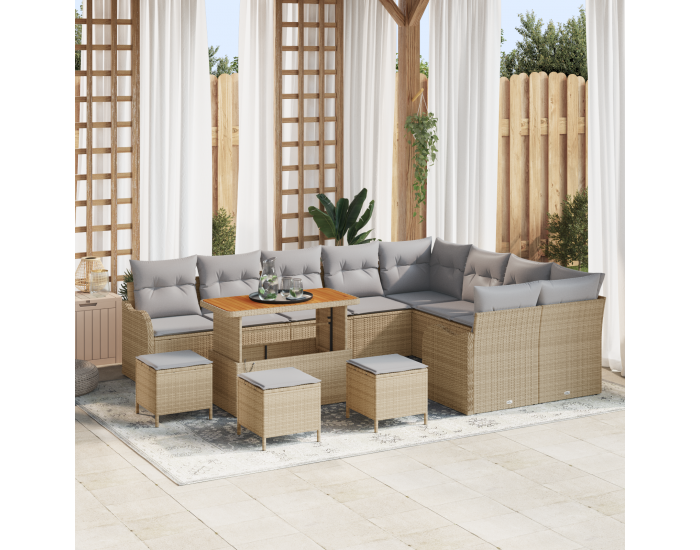 Sonata H 13 Членен Градински Диван Комплект с Възглавници Бежов Полиратан Акация