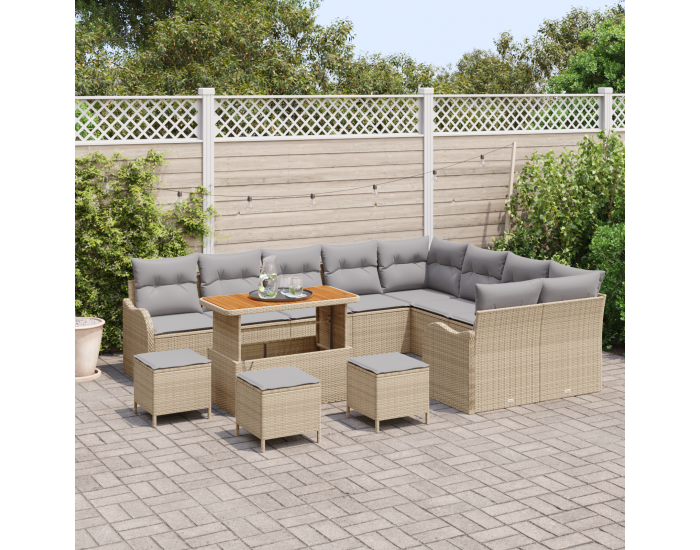 Sonata H 13 Членен Градински Диван Комплект с Възглавници Бежов Полиратан Акация