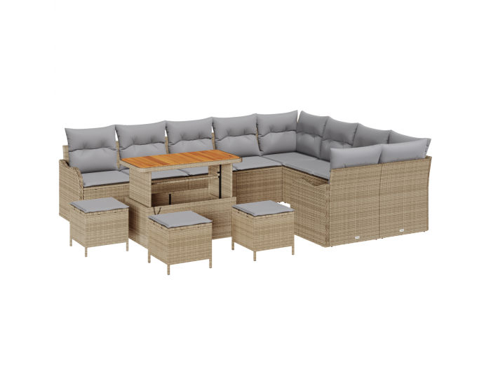 Sonata H 13 Членен Градински Диван Комплект с Възглавници Бежов Полиратан Акация