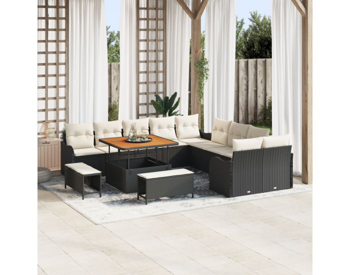 Комплект градински диван от 13 части с възглавници черен ратан акация