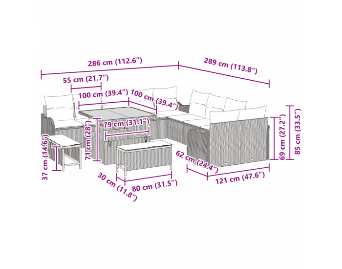 Комплект градински диван от 13 части с възглавници черен ратан акация