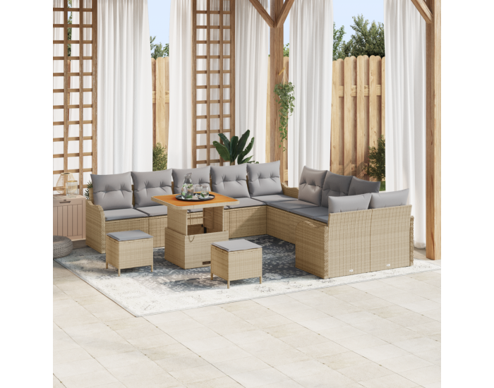 Комплект градински диван Sonata H от 13 части с възглавници Бежов Полиратан Акация