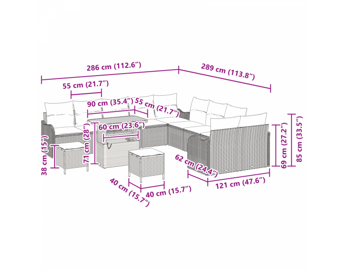 Комплект градински диван Sonata H с възглавници Сив Полиратан Акация