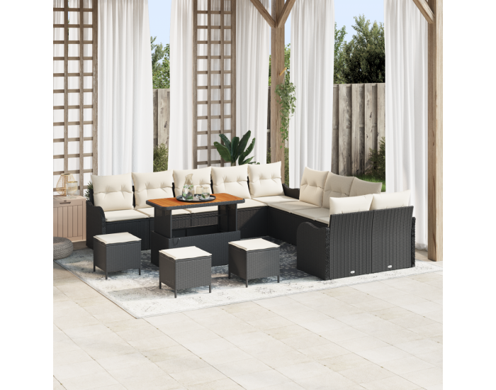 Комплект градински диван Sonata H с 14 части с възглавници Черен Полиратан Акация