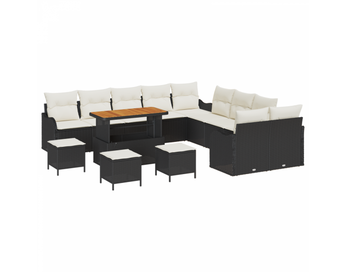 Комплект градински диван Sonata H с 14 части с възглавници Черен Полиратан Акация