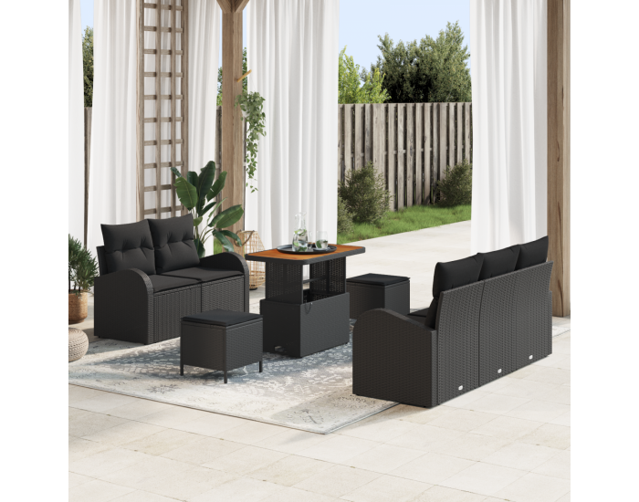 Комплект от 8 части градински диван с възглавници Черен Полирана ратанова акация