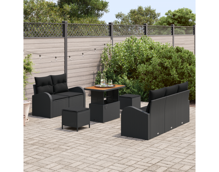 Комплект от 8 части градински диван с възглавници Черен Полирана ратанова акация
