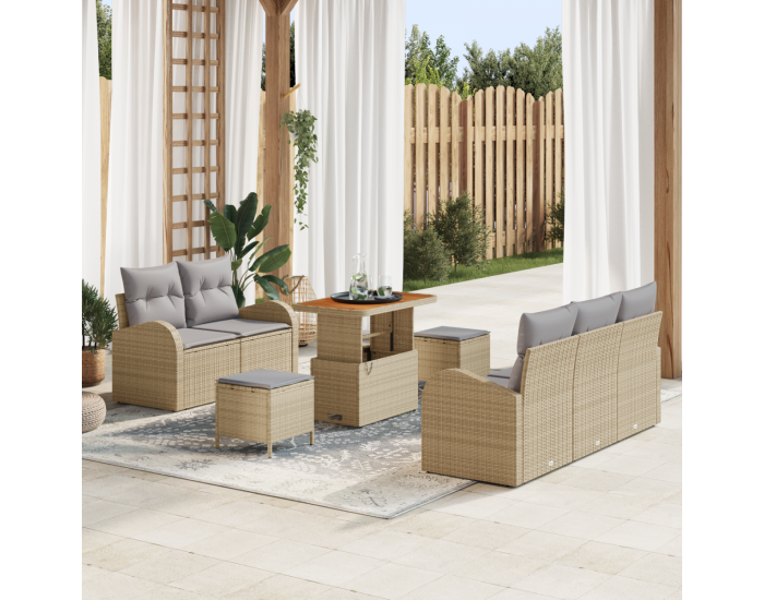 Комплект от 8 части градински дивани Sonata H с възглавници бежов полиратан акация