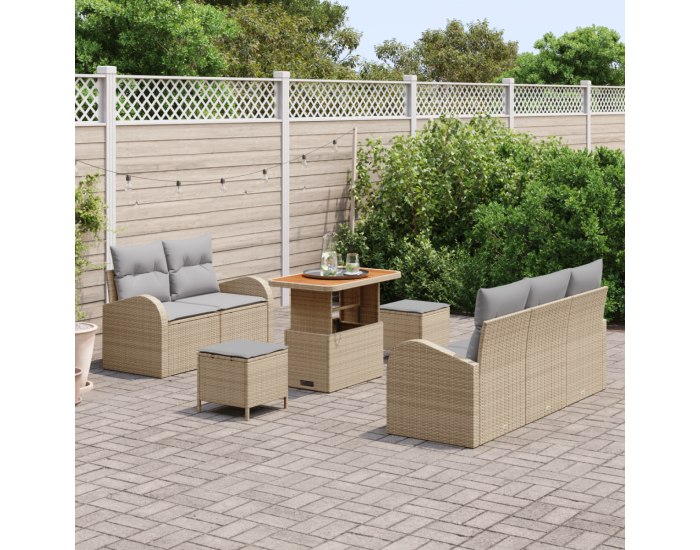 Комплект от 8 части градински дивани Sonata H с възглавници бежов полиратан акация