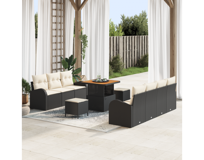 Sonata H 10 части градински диван комплект с възглавници черен поли ратан акация