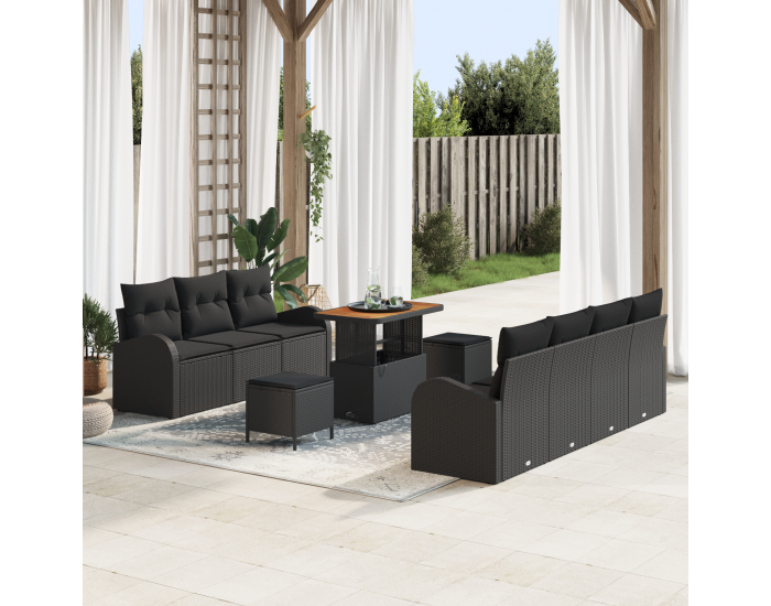 Sonata H 10-Часов комплект градински диван с възглавници Черен Полиратан Акация