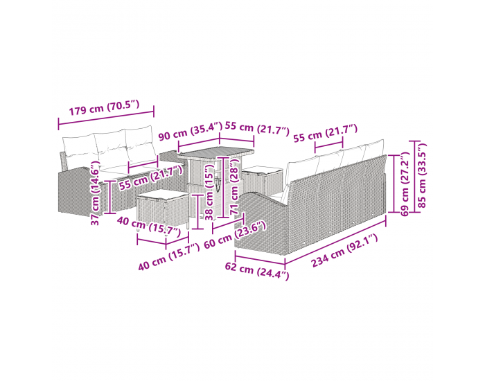 Sonata H 10-Часов комплект градински диван с възглавници Черен Полиратан Акация