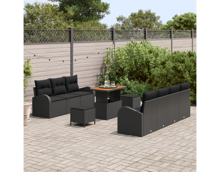 Sonata H 10-Часов комплект градински диван с възглавници Черен Полиратан Акация