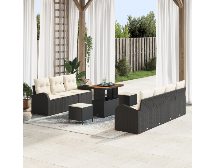 Sonata H 10 Часов комплект градински диван с възглавници Черен Полиратан Акация