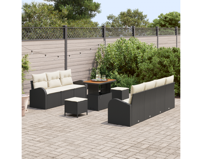 Sonata H 10 Часов комплект градински диван с възглавници Черен Полиратан Акация