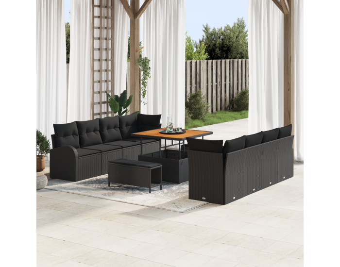 Комплект градински диван Sonata H с възглавници Черен Полиестер Ратан Акация