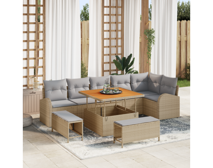 9 части градински диван комплект с възглавници Бежов полираатан акация