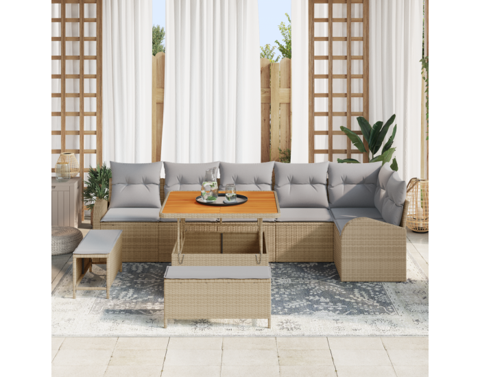 9 части градински диван комплект с възглавници Бежов полираатан акация