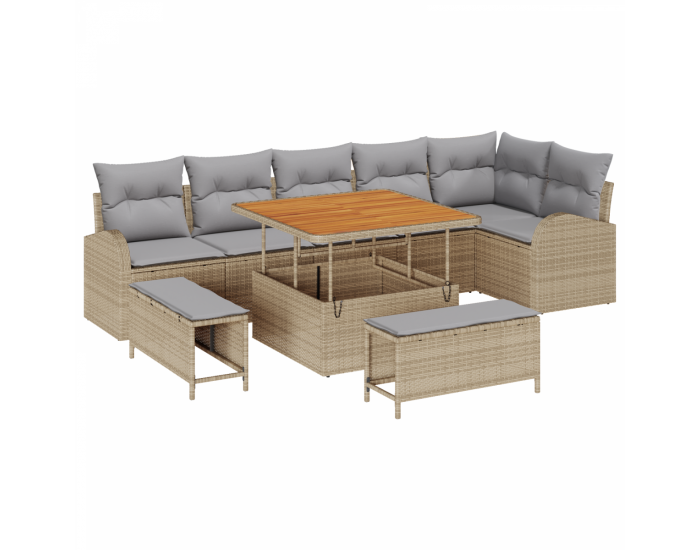 9 части градински диван комплект с възглавници Бежов полираатан акация