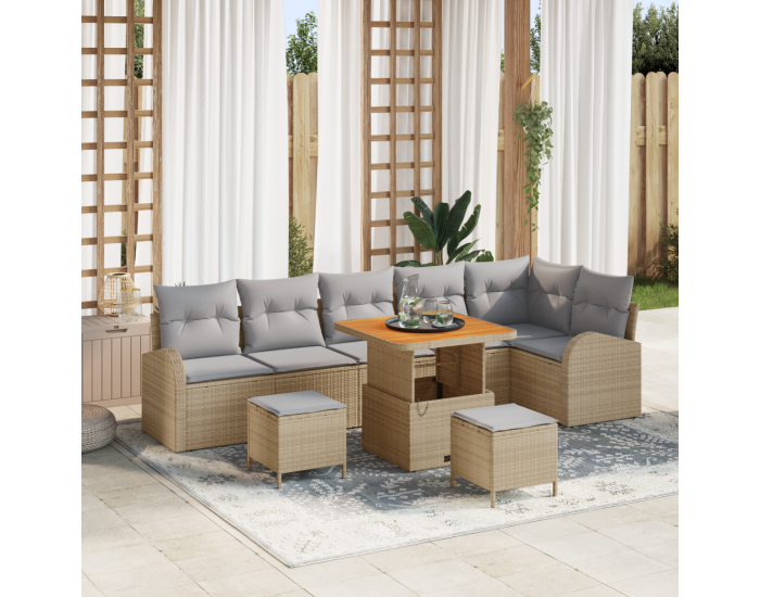 Комплект от 9 парчета градински диван с възглавници Бежов поли ратан акация