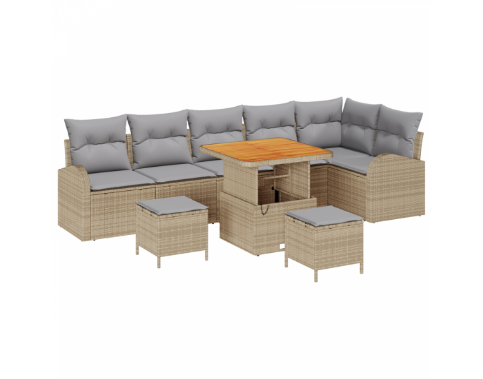 Комплект от 9 парчета градински диван с възглавници Бежов поли ратан акация