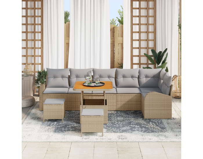 Комплект от 9 парчета градински диван с възглавници Бежов поли ратан акация