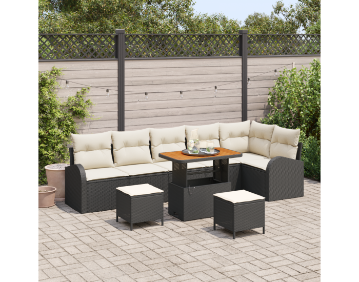 9-частен градински диван комплект с възглавници Черен полирано ратан с акация