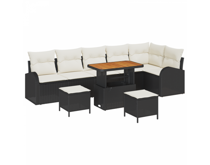 9-частен градински диван комплект с възглавници Черен полирано ратан с акация