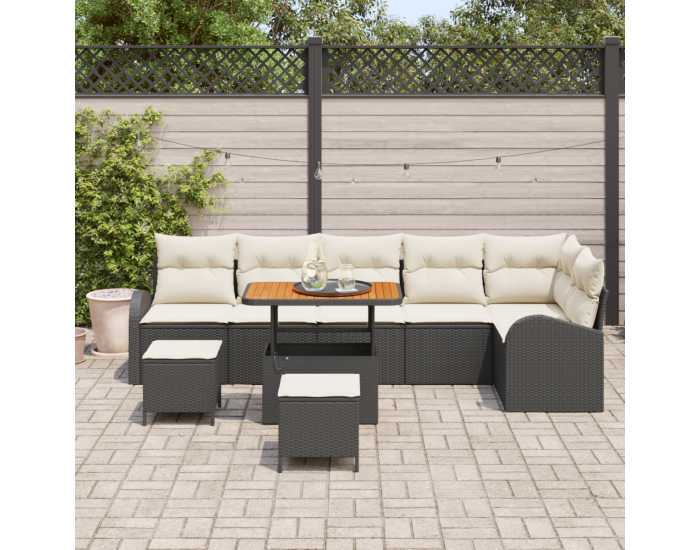 9-частен градински диван комплект с възглавници Черен полирано ратан с акация