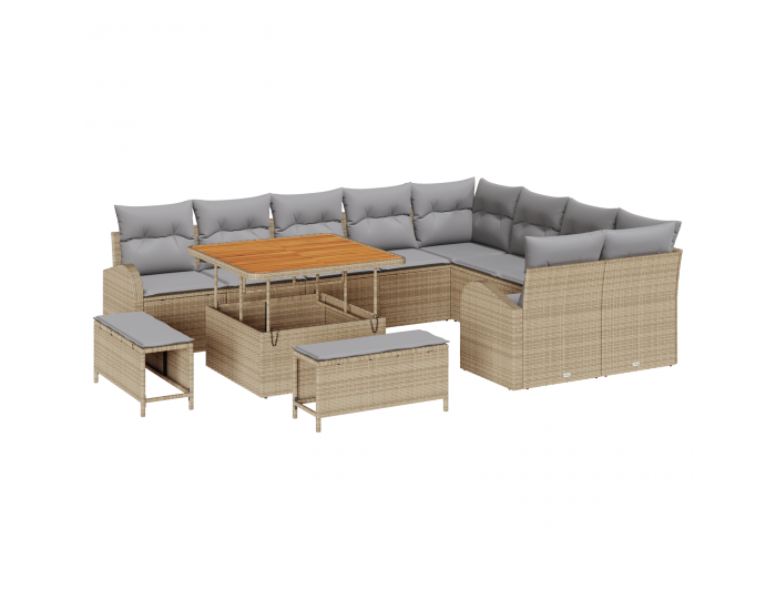 Sonata H 12 Частен Градински Диван Комплект с Възглавници Бежов Полиестер Ратан Акация