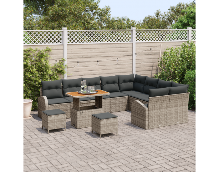 Sonata H 12 Частен Градински Диван Комплект с Възглавници Сиво Полирано Ратан Акация